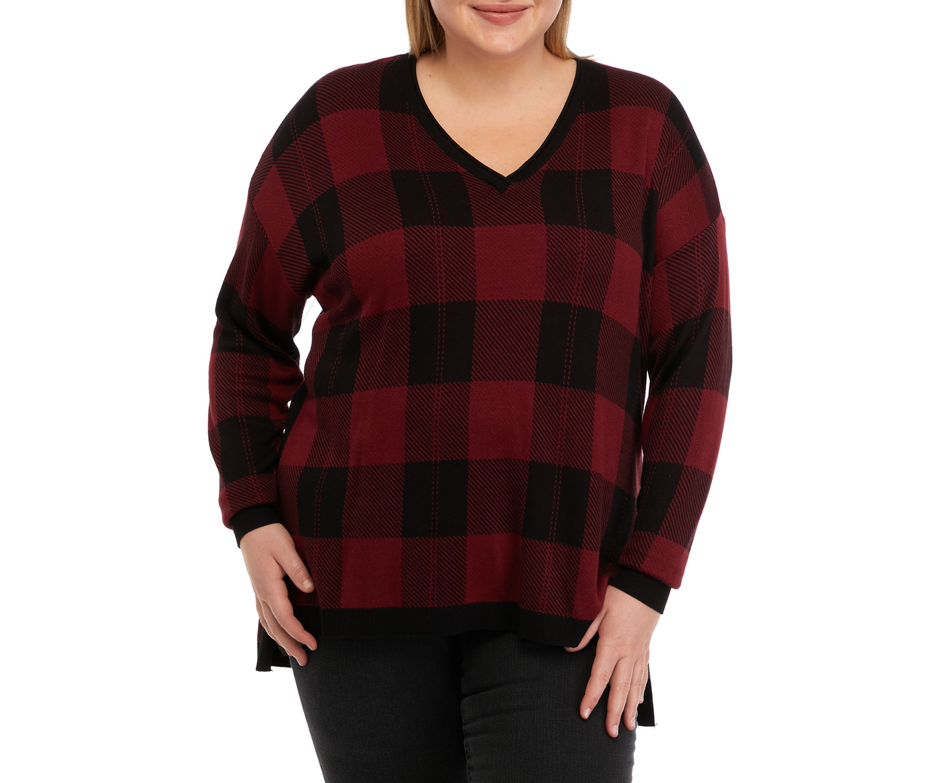 Plus Size Long Sleeve V-Neck Jacquard Pullover Sweater