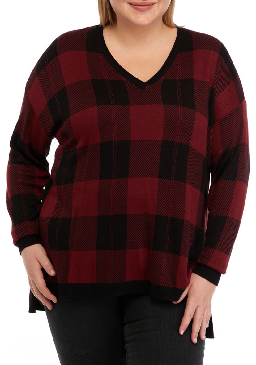 Plus Size Long Sleeve V-Neck Jacquard Pullover Sweater