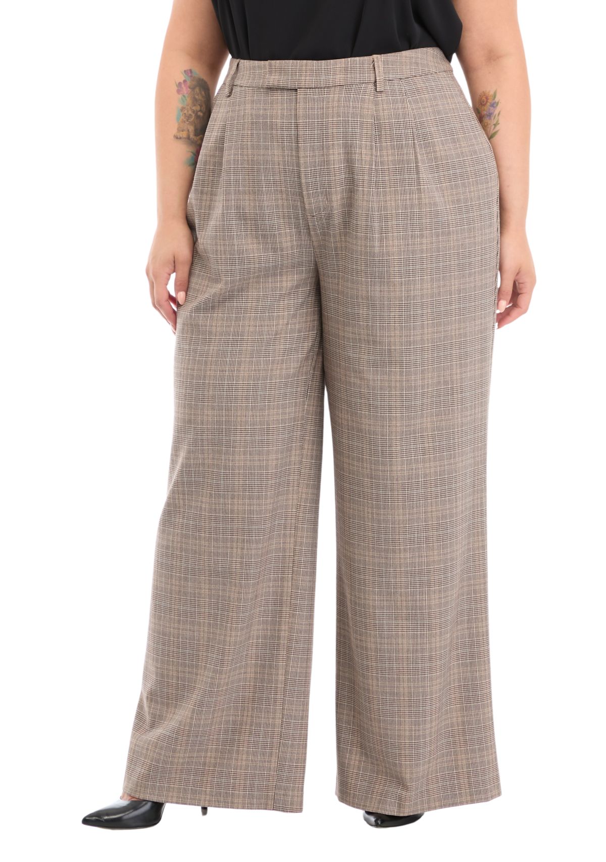 Plus Size High Rise Extended Tab Plaid Trouser Pants