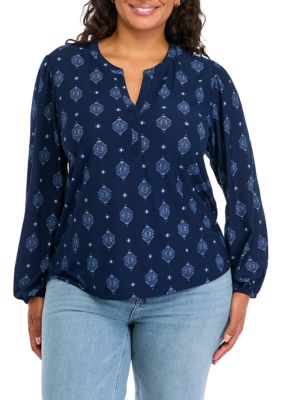 Wonderly Women's Plus Size Printed Popover Blouse