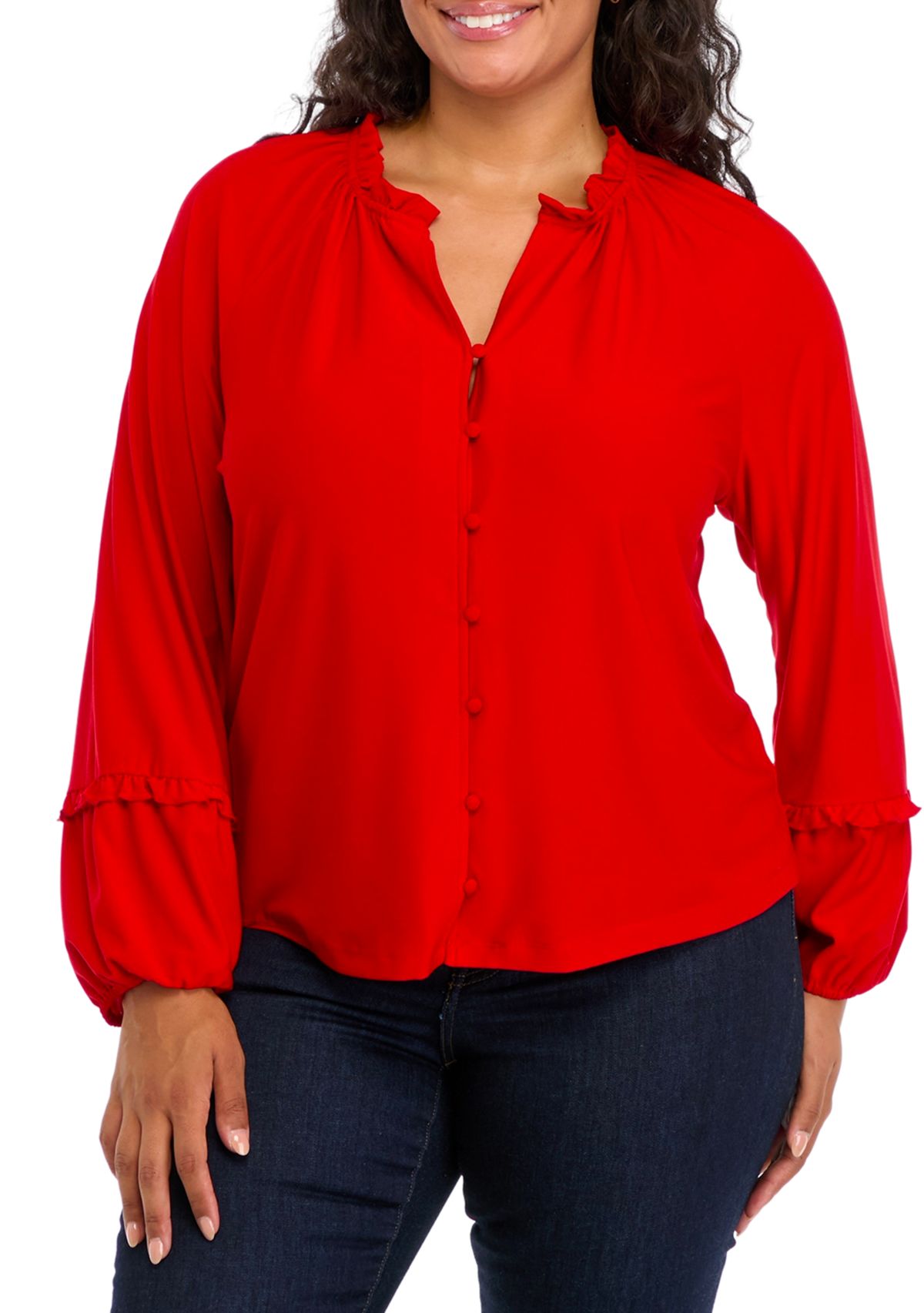 Plus Size Lantern Sleeve Split Neck Top 