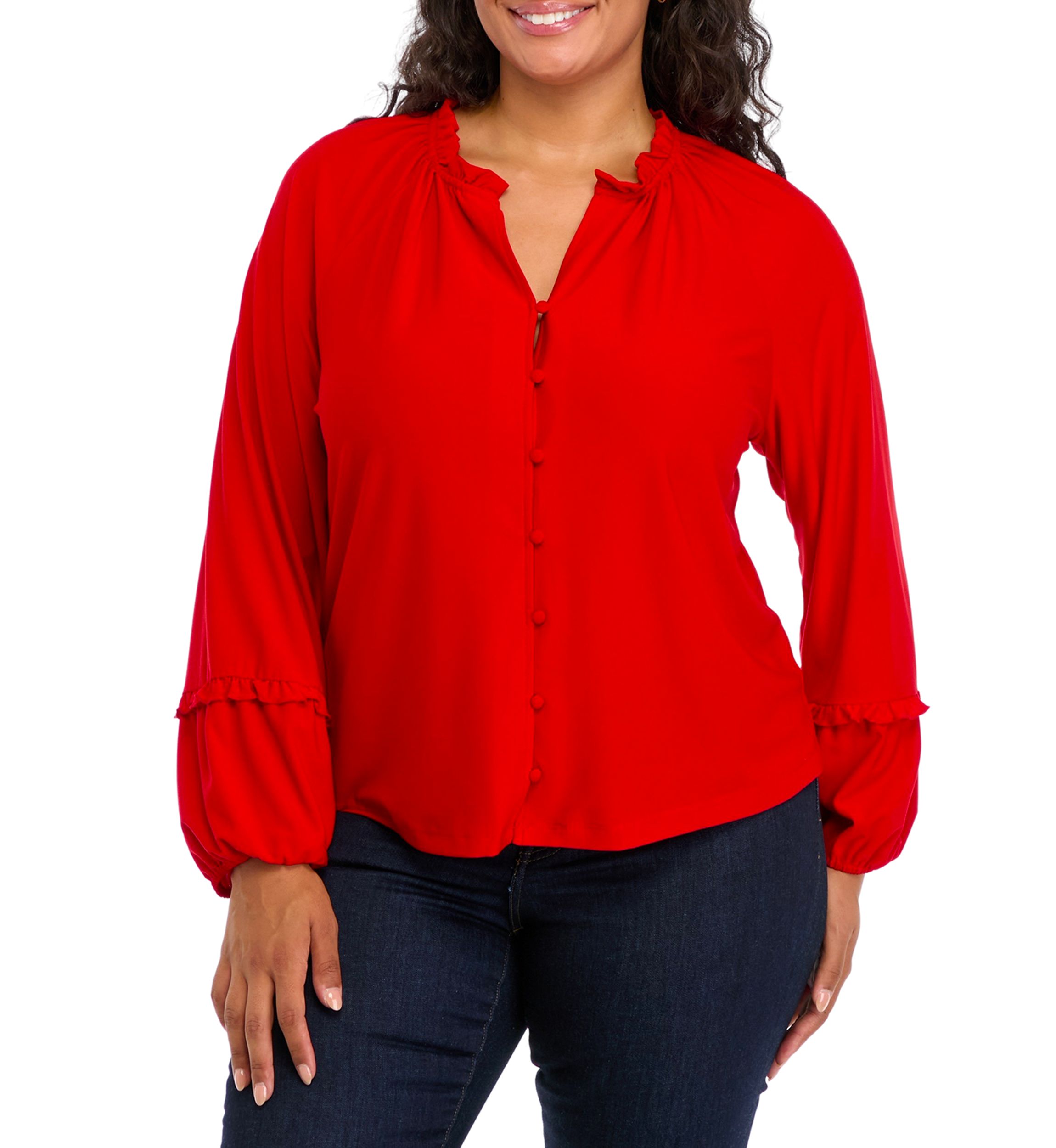 Plus Size Lantern Sleeve Split Neck Top 