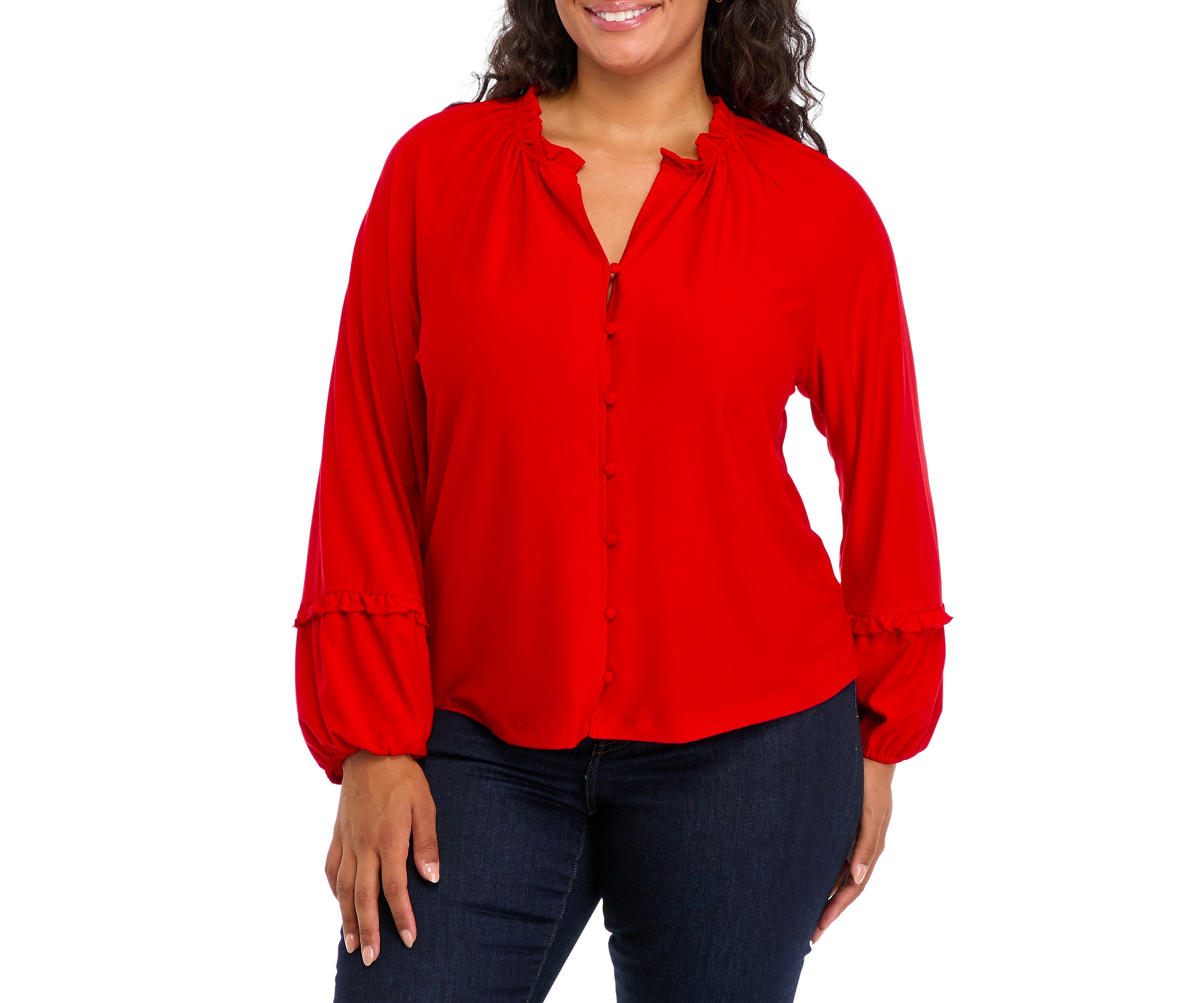 Plus Size Lantern Sleeve Split Neck Top 