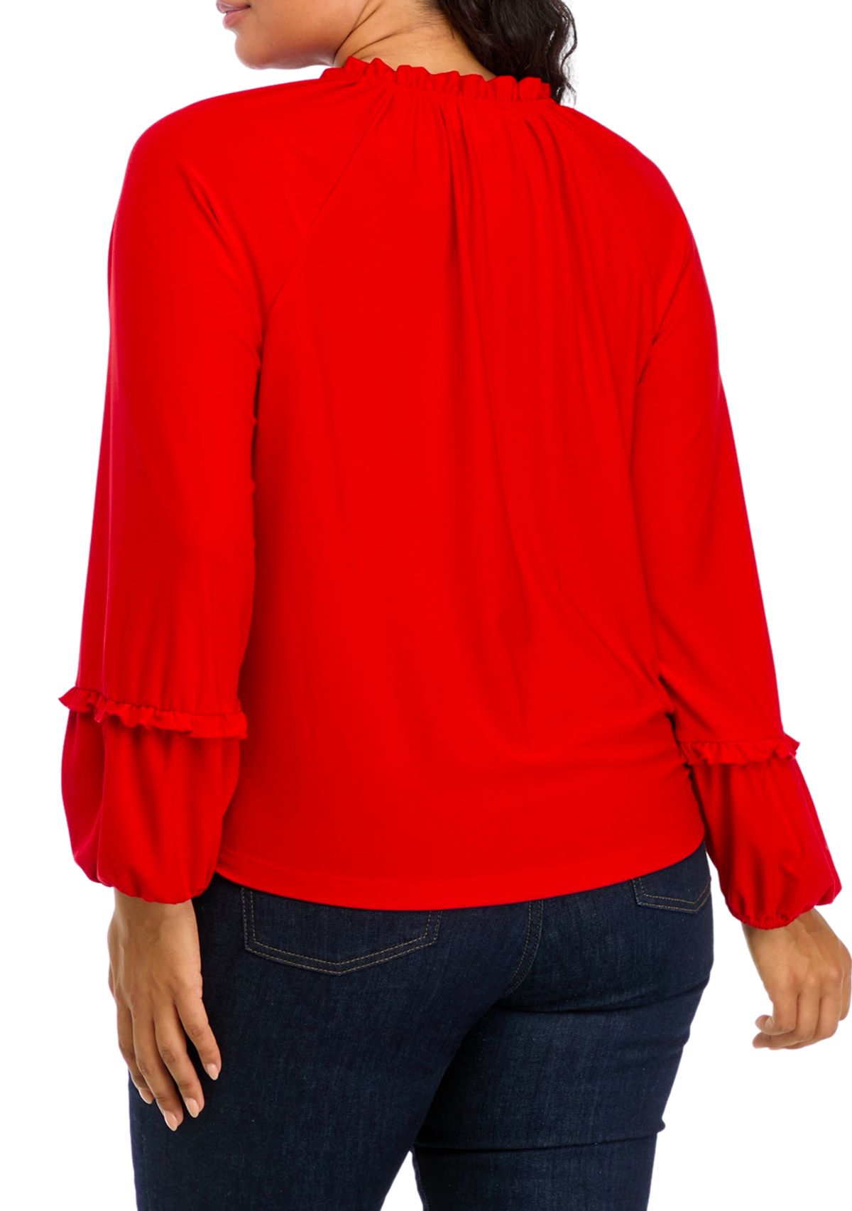 Plus Size Lantern Sleeve Split Neck Top 