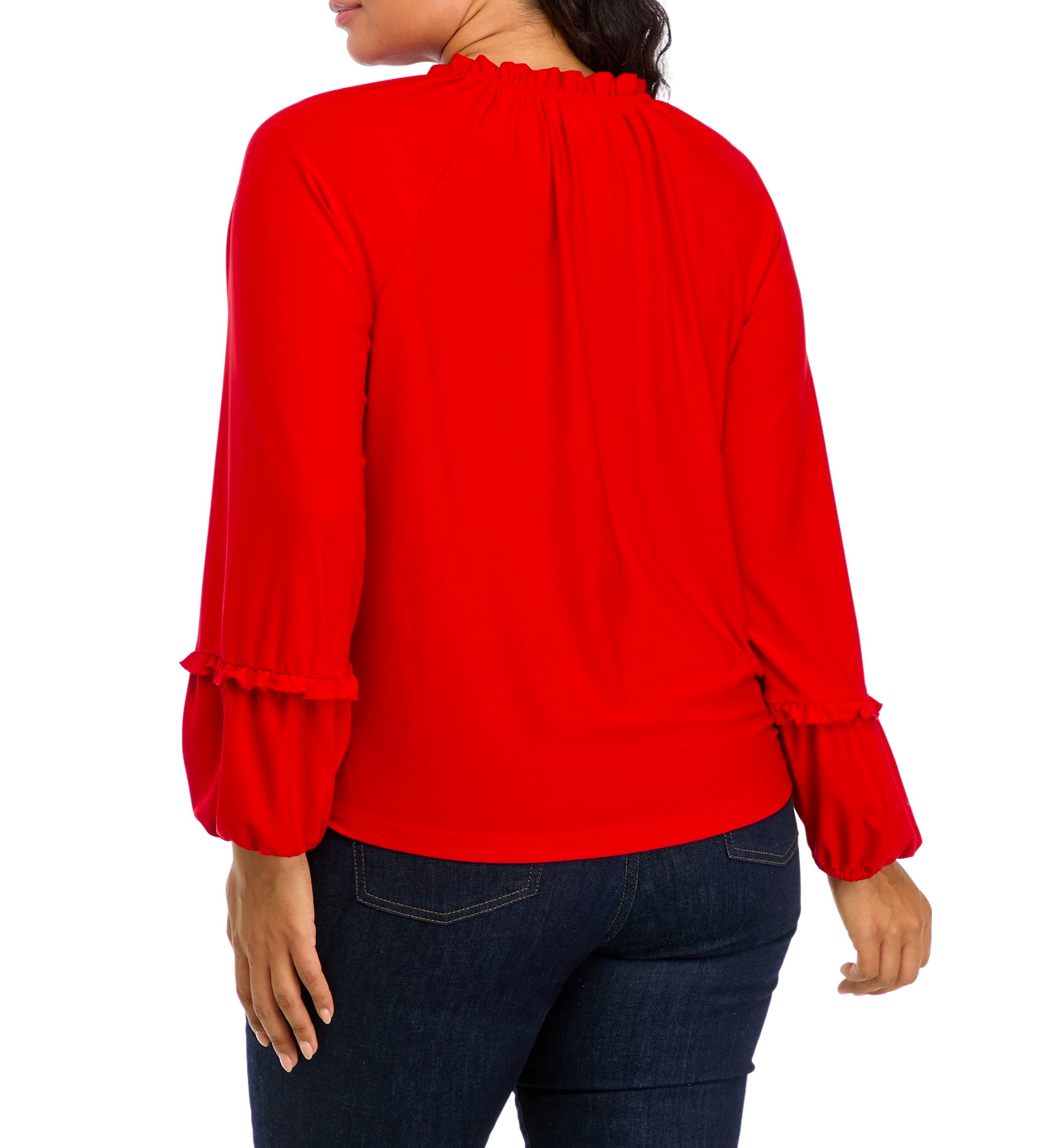 Plus Size Lantern Sleeve Split Neck Top 