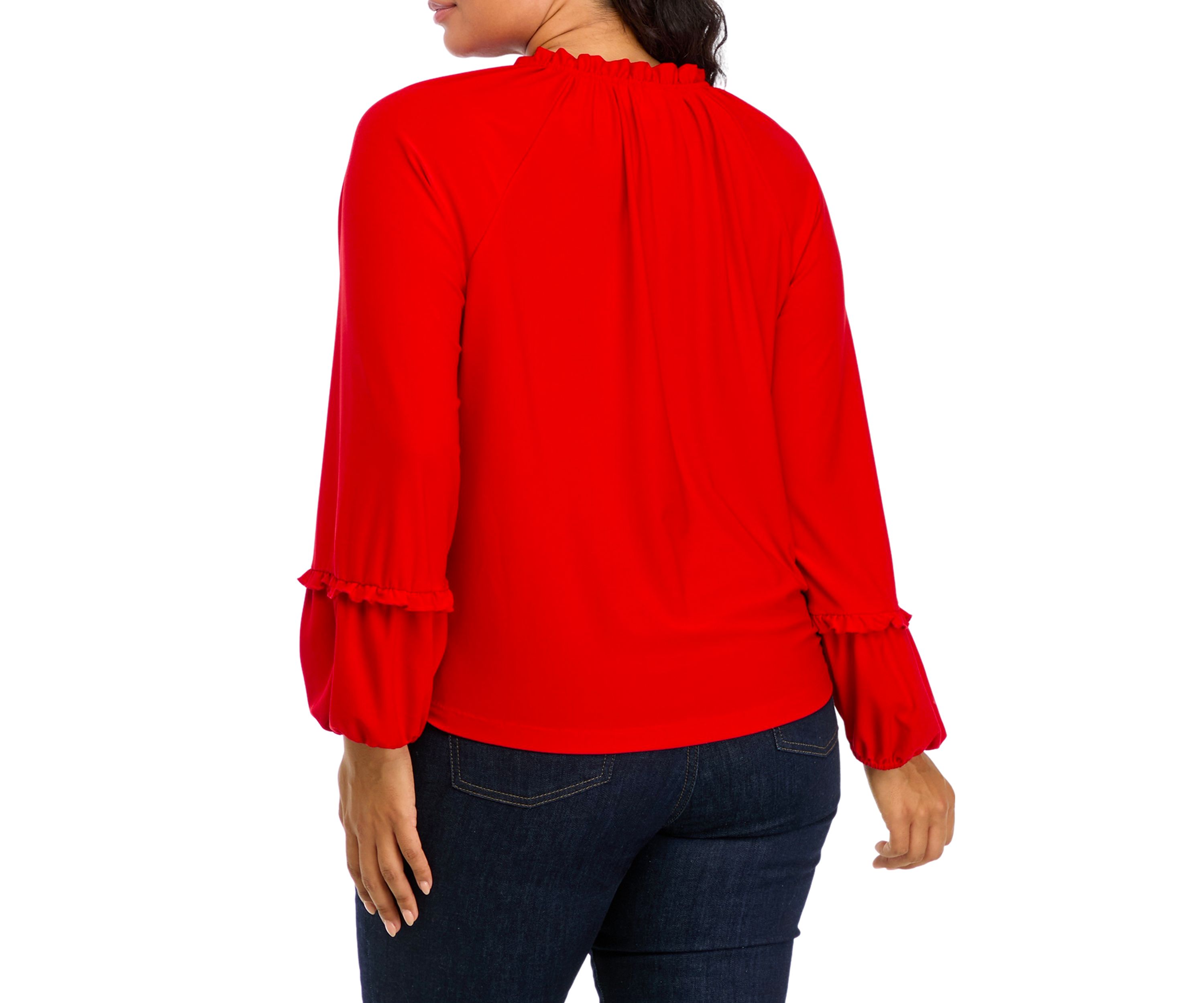 Plus Size Lantern Sleeve Split Neck Top 