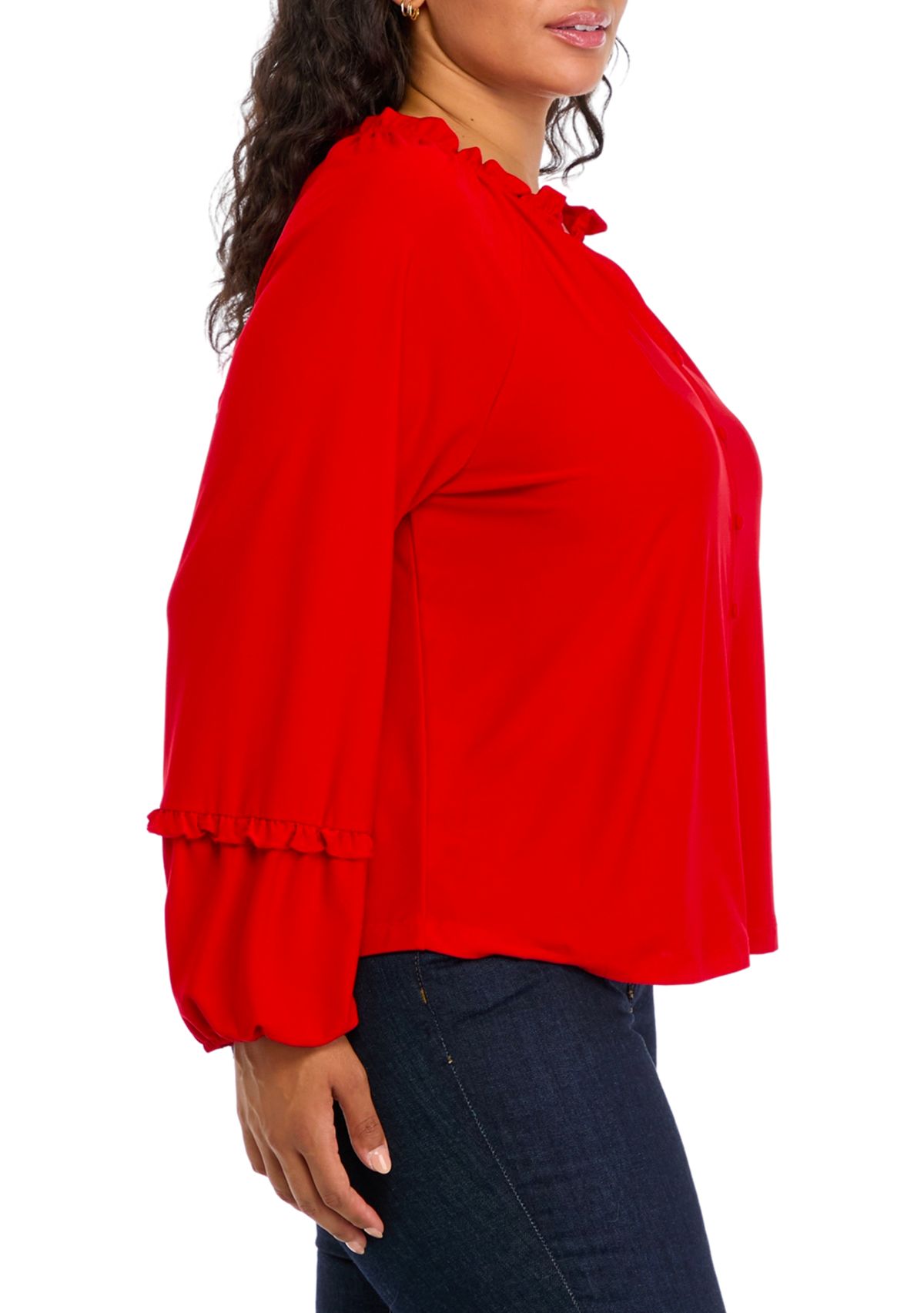 Plus Size Lantern Sleeve Split Neck Top 