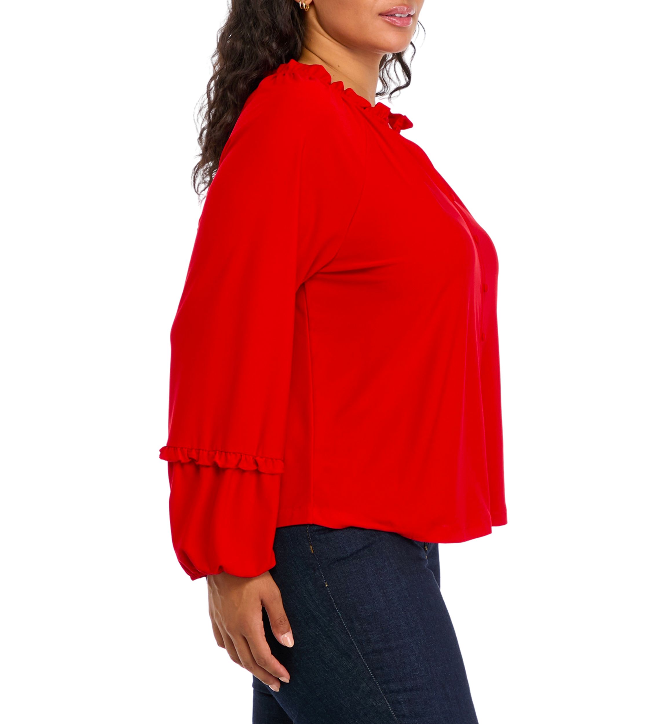 Plus Size Lantern Sleeve Split Neck Top 