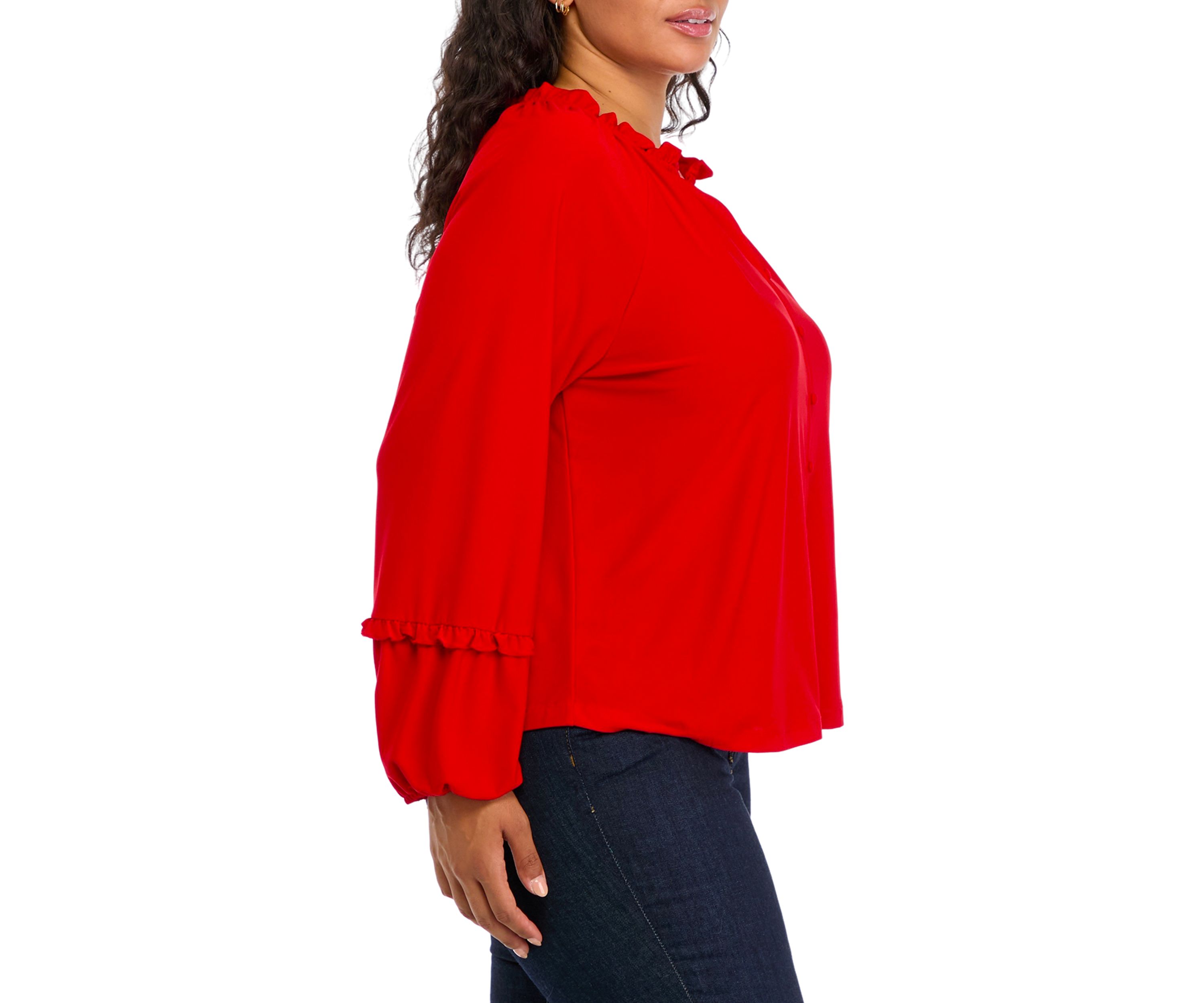 Plus Size Lantern Sleeve Split Neck Top 