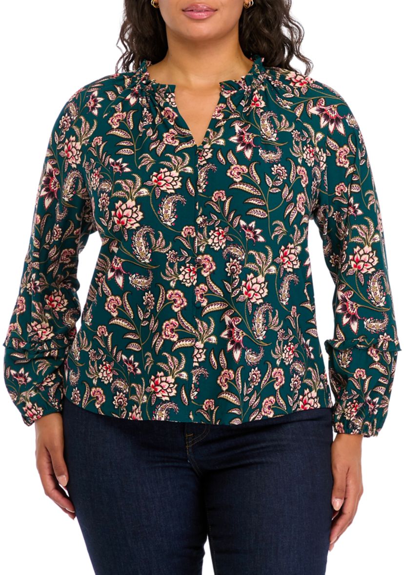 Plus Size Long Sleeve Printed Blouse