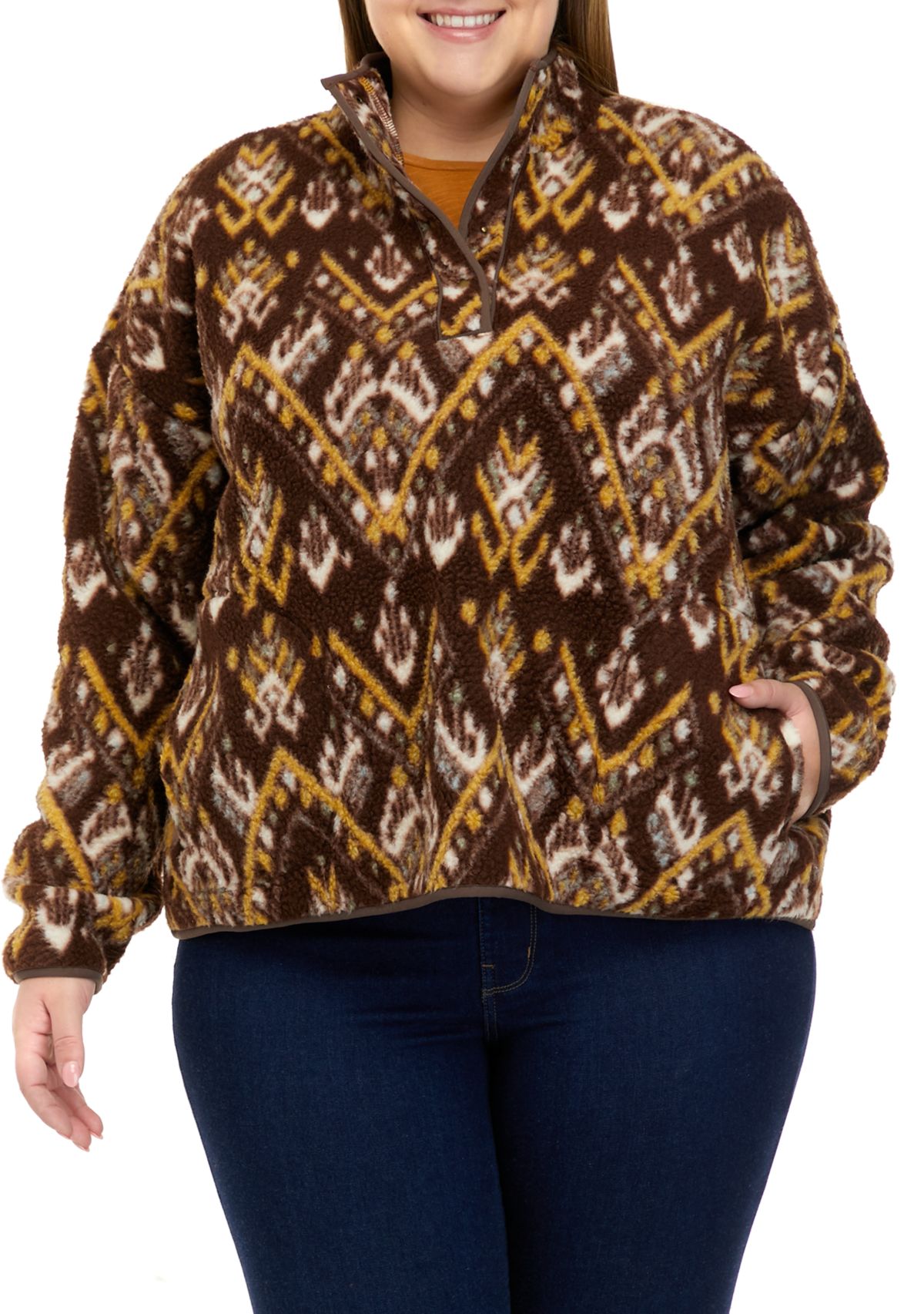 Plus Size Sherpa Popover Printed Jacket