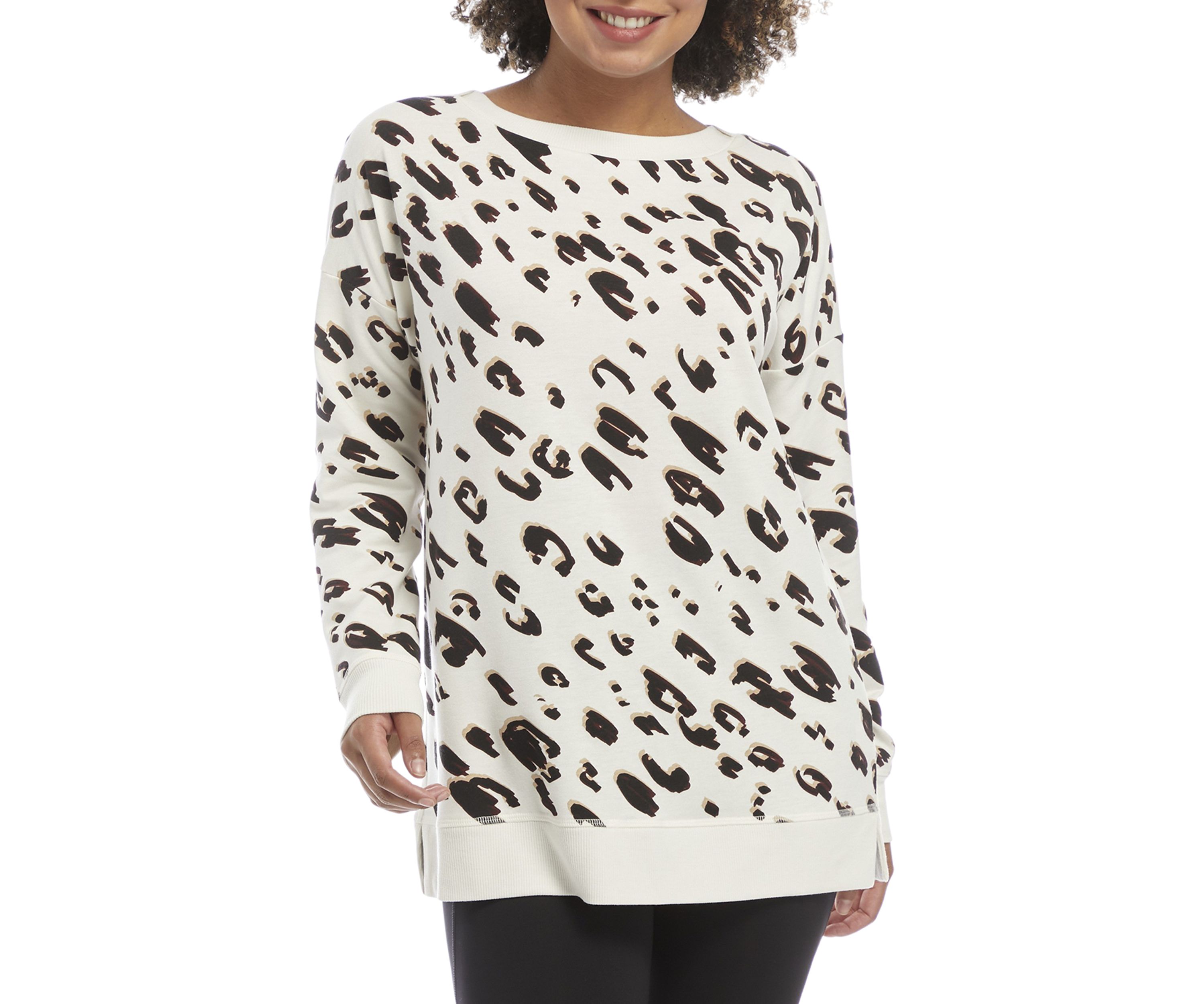 Studio Womens Long Sleeve Wide Neck Animal Printed Tunic Pullover 