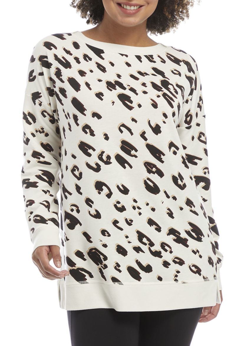 Studio Womens Long Sleeve Wide Neck Animal Printed Tunic Pullover 
