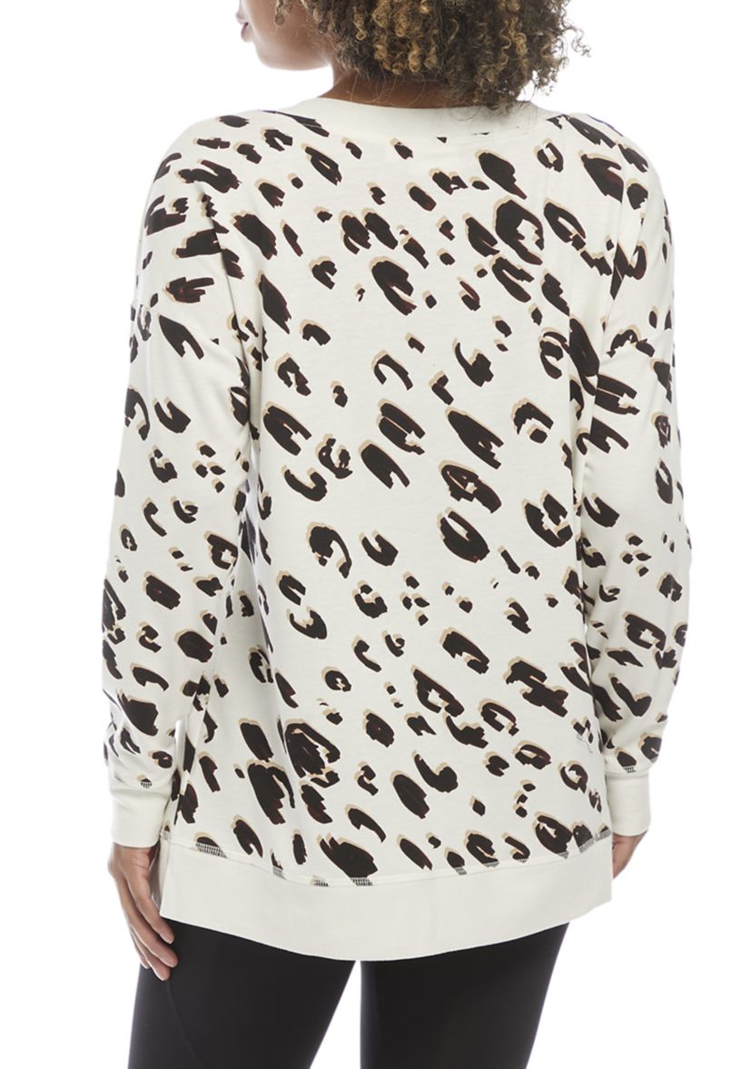 Studio Womens Long Sleeve Wide Neck Animal Printed Tunic Pullover 