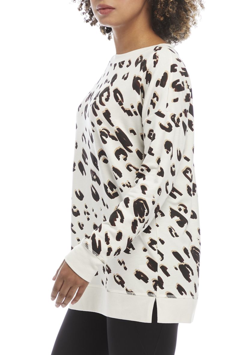 Studio Womens Long Sleeve Wide Neck Animal Printed Tunic Pullover 