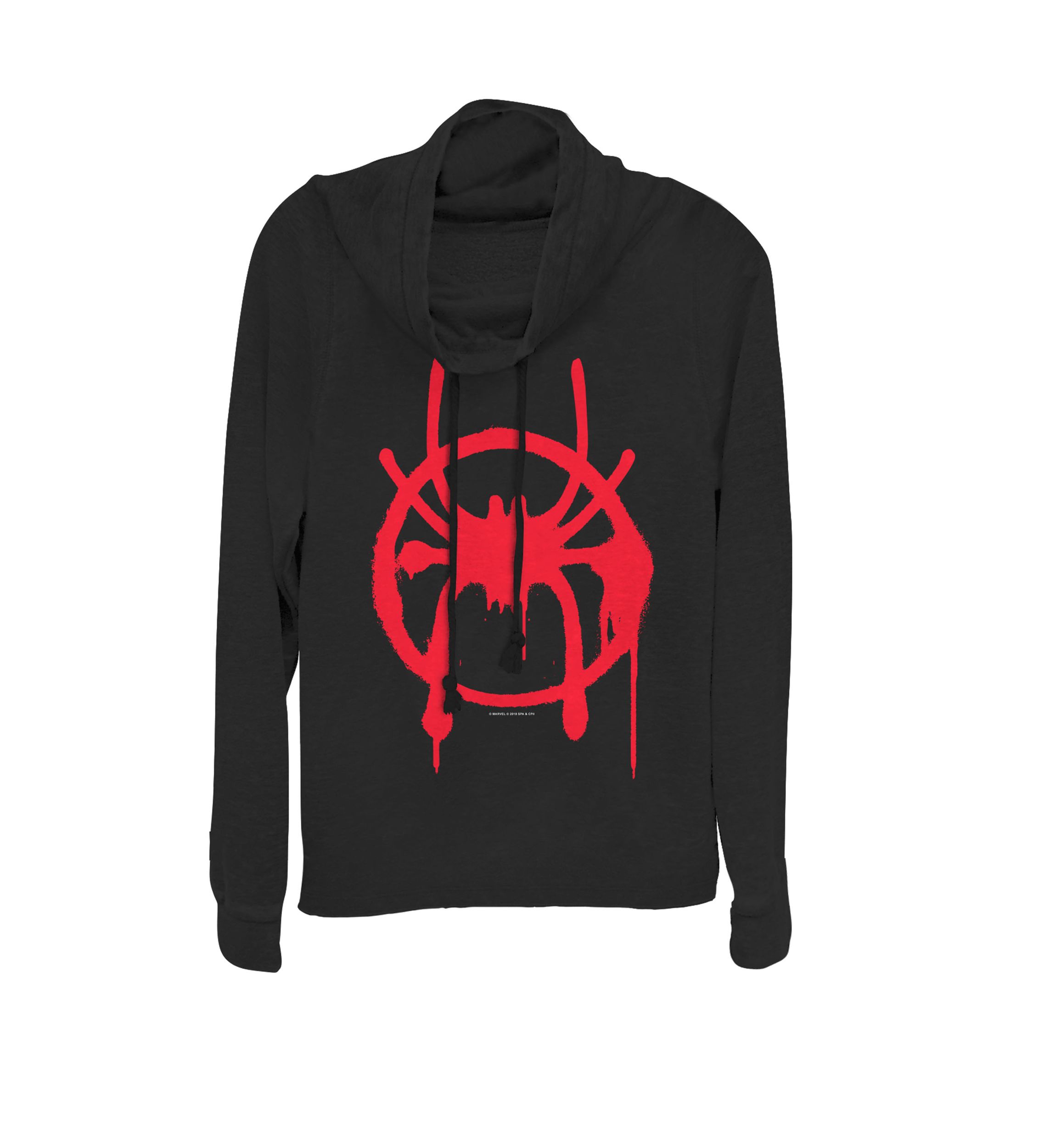 Juniors Spiderverse Miles Symbol Tag Cowl Neck Graphic Pullover