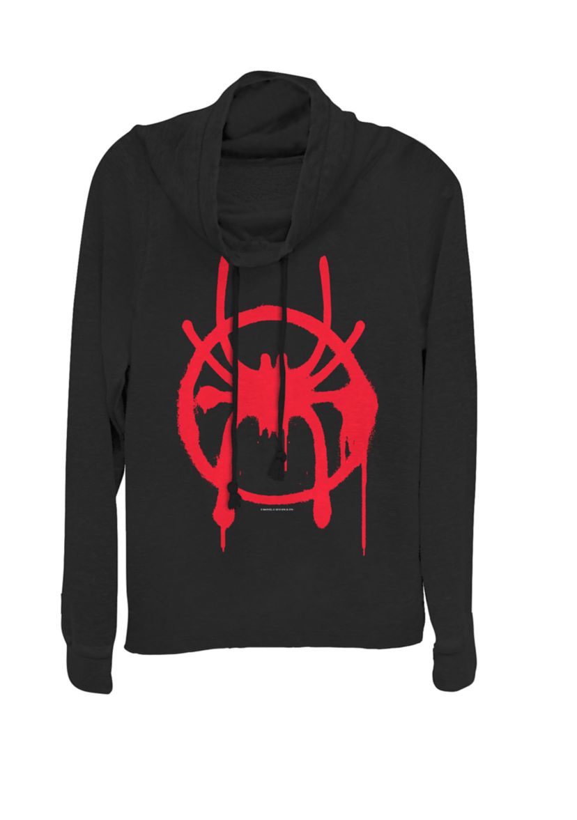 Juniors Spiderverse Miles Symbol Tag Cowl Neck Graphic Pullover