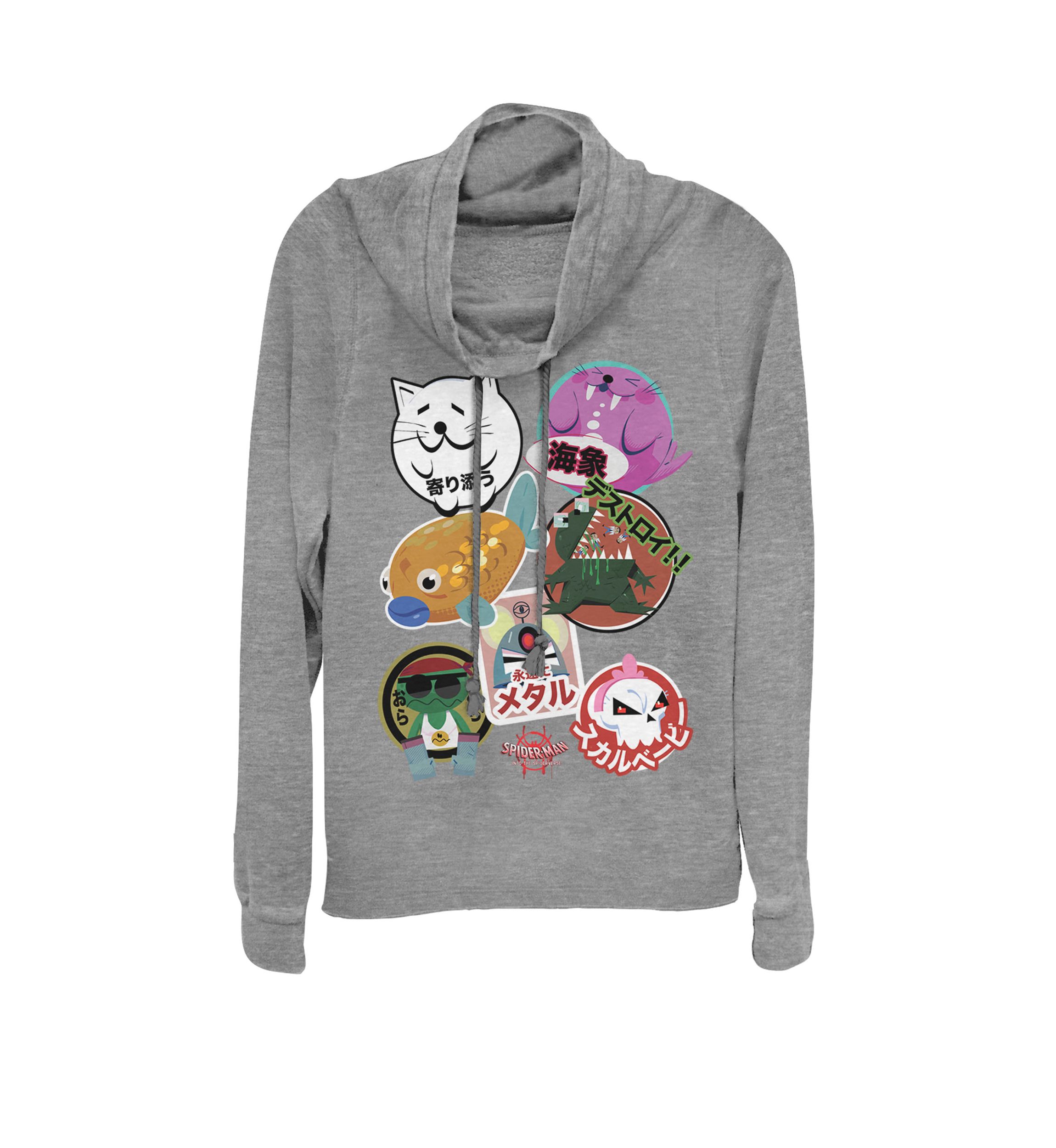 Juniors Spider-Man Spider-Verse Peni Parker Stickers Cowl Neck Graphic Pullover