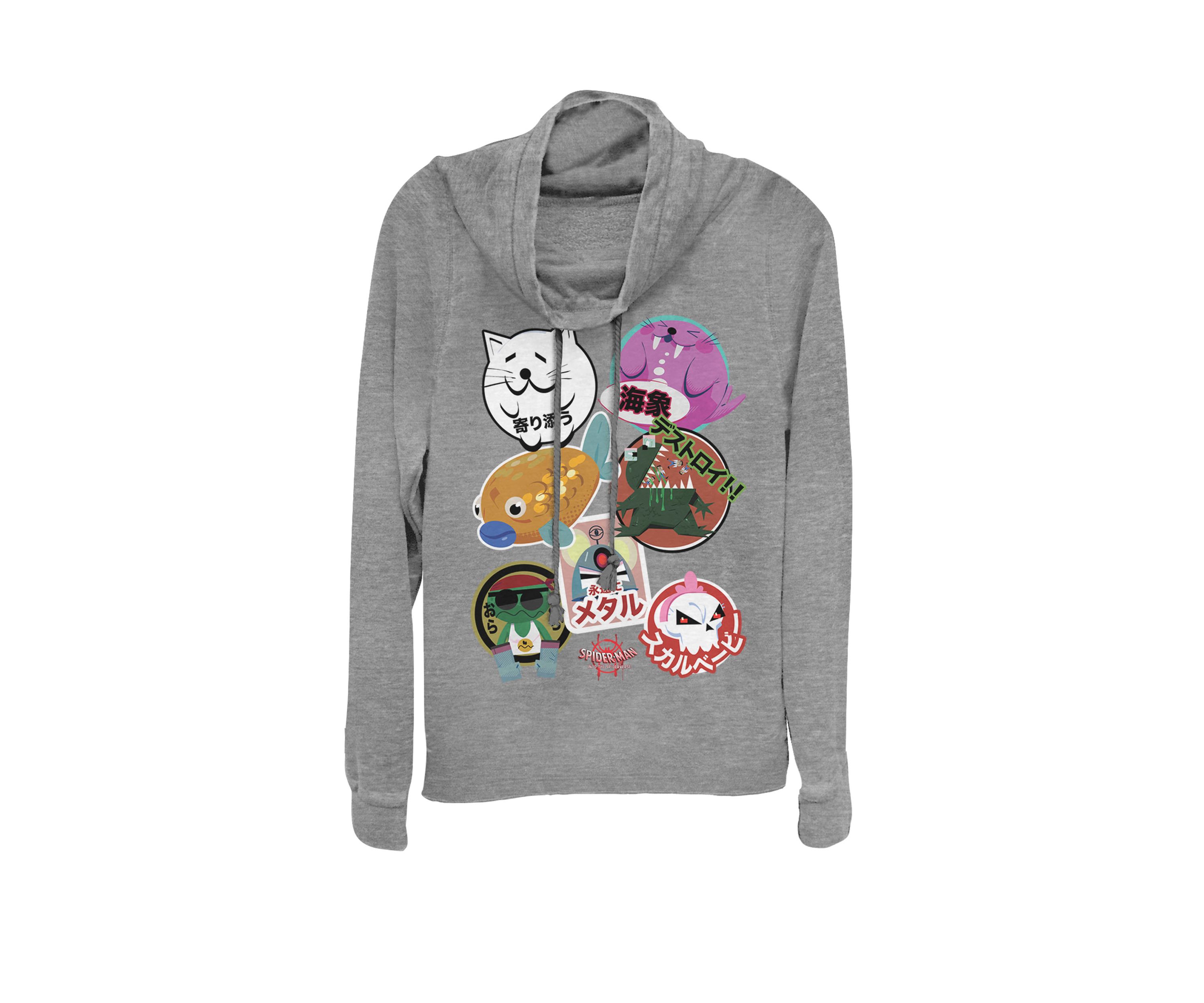 Juniors Spider-Man Spider-Verse Peni Parker Stickers Cowl Neck Graphic Pullover