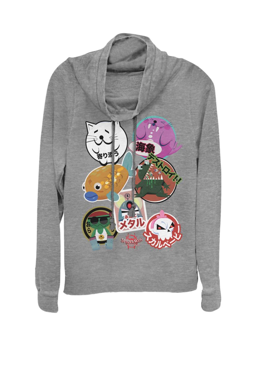 Juniors Spider-Man Spider-Verse Peni Parker Stickers Cowl Neck Graphic Pullover