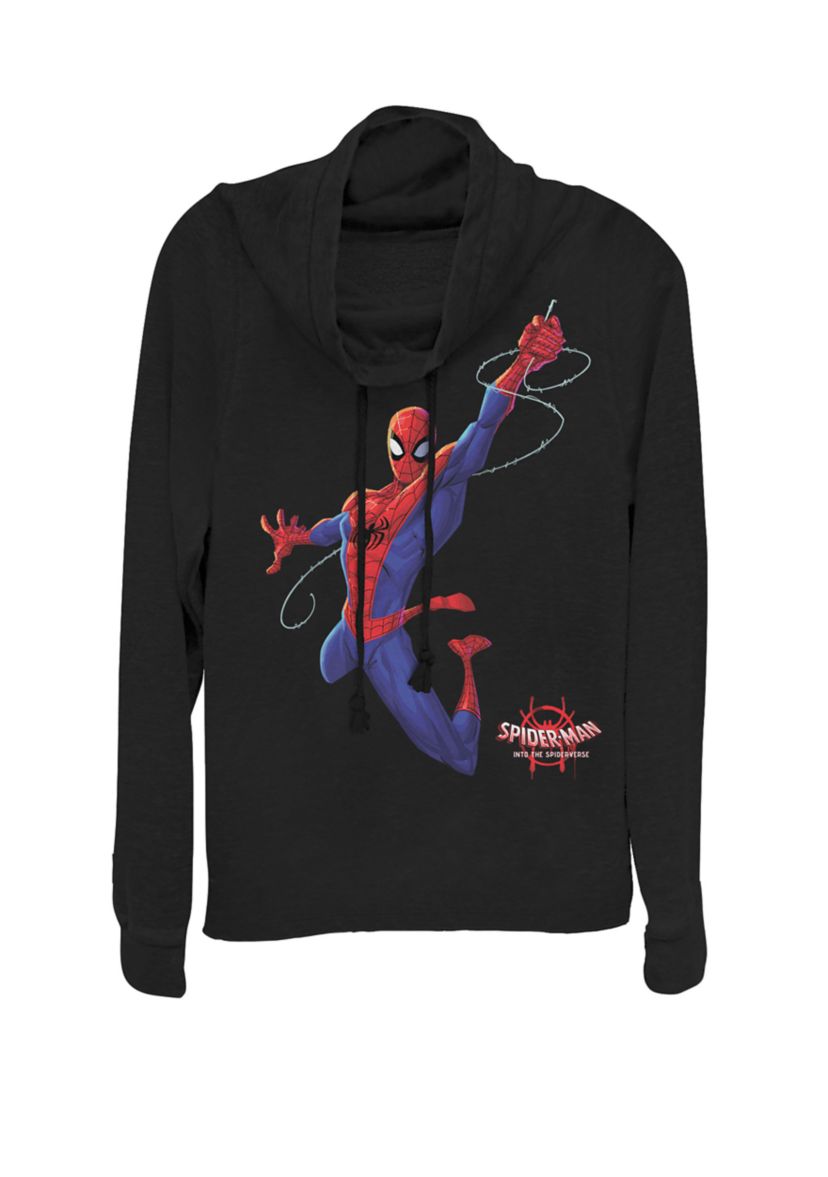 Juniors Spider-Man Spiderverse Classic Swing Fleece Cowl Neck Graphic Pullover