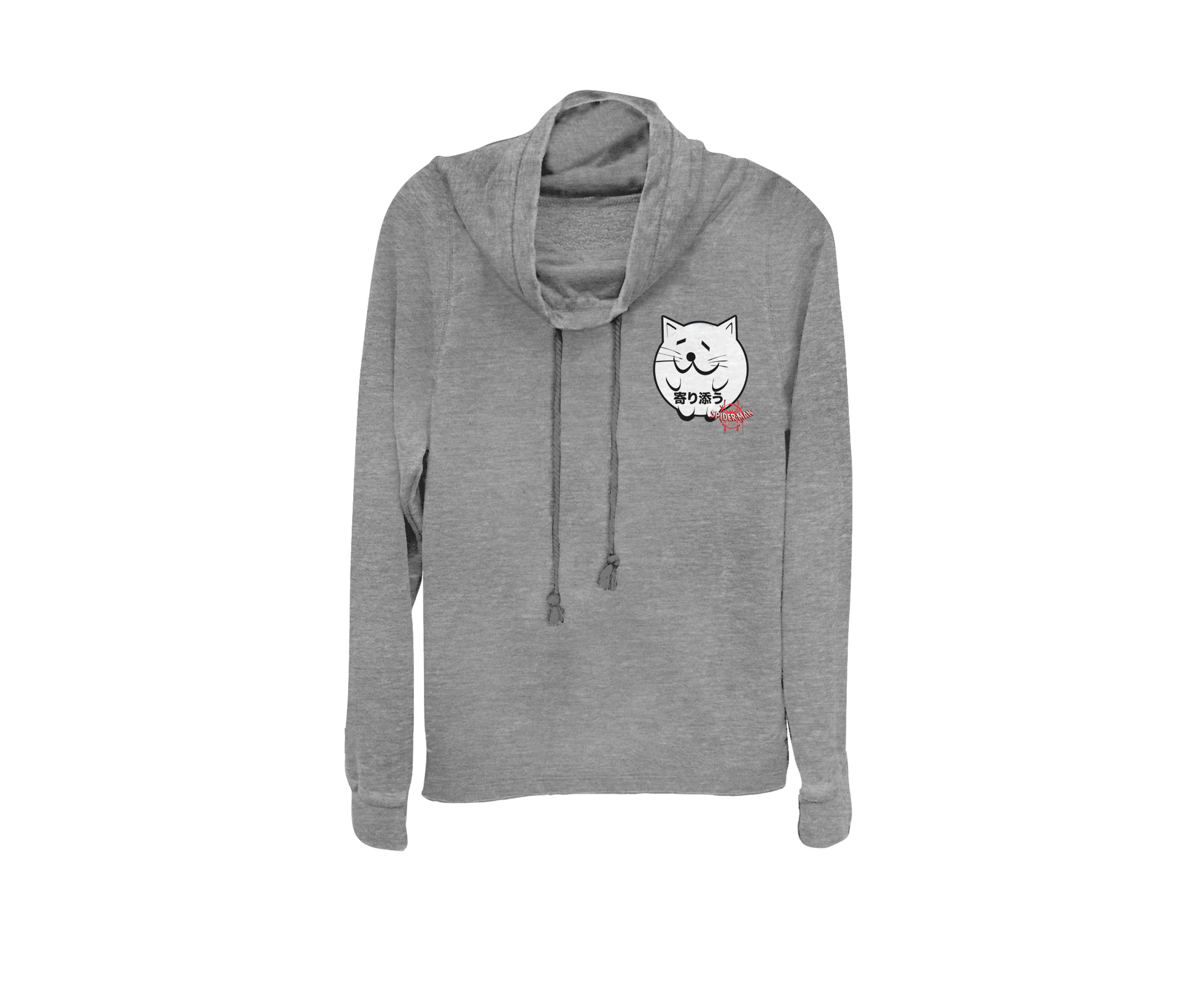 Juniors Spider-Man Spider-Verse Kanji Cat Sticker Pocket Cowl Neck Graphic Pullover