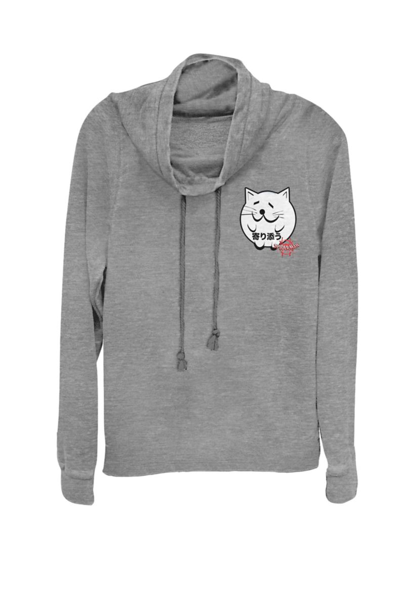 Juniors Spider-Man Spider-Verse Kanji Cat Sticker Pocket Cowl Neck Graphic Pullover