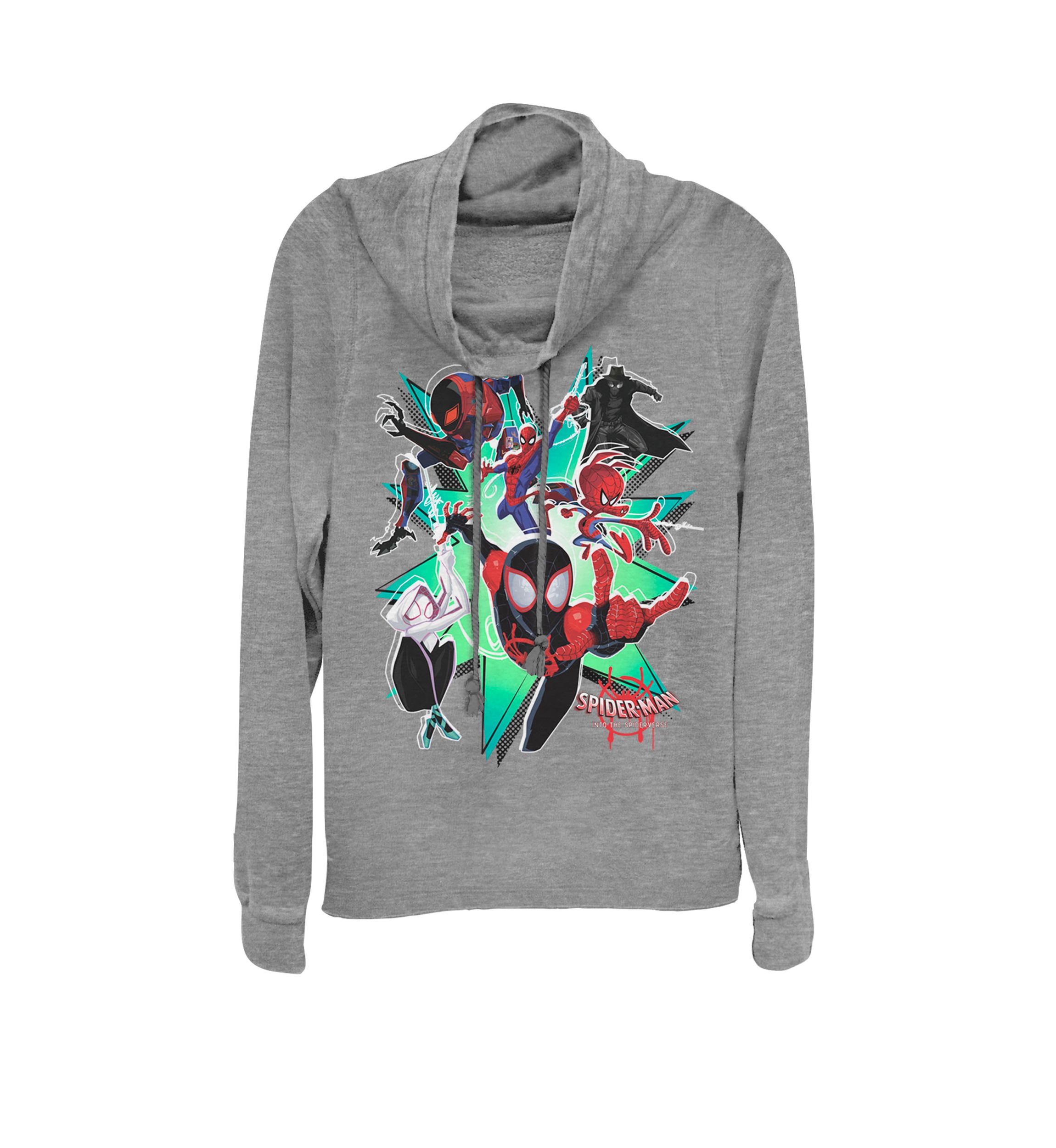 Juniors Spider-Man Spiderverse Action Group Cowl Neck Graphic Pullover