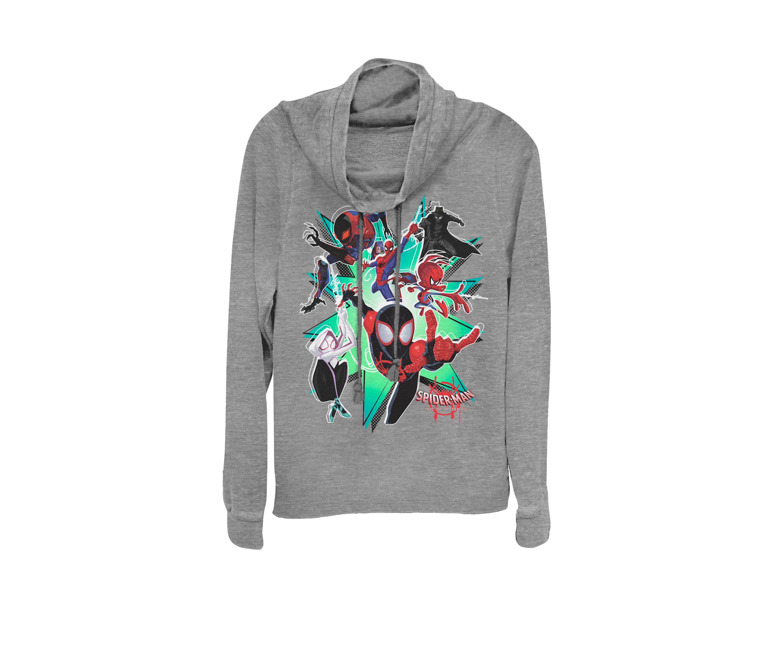 Juniors Spider-Man Spiderverse Action Group Cowl Neck Graphic Pullover