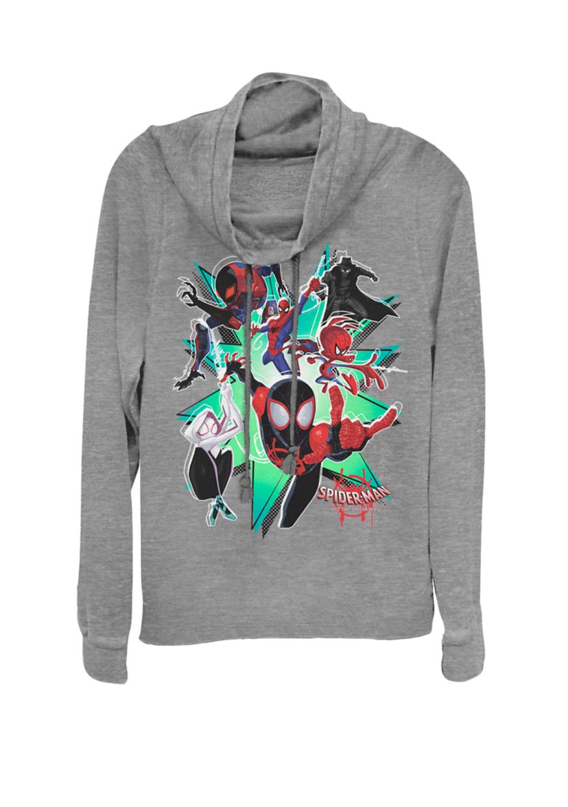 Juniors Spider-Man Spiderverse Action Group Cowl Neck Graphic Pullover