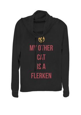 Women's Captain Marvelâ¢ My Other Cat Is A Flerken Bold Logo Cowl Neck Graphic Pullover, Black, Medium