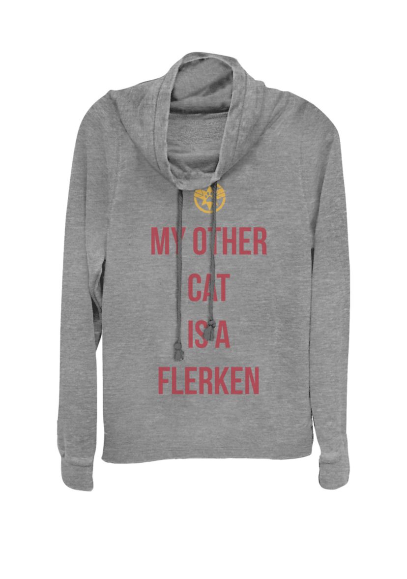 Captain Marvel™ My Other Cat Is A Flerken Bold Logo Cowl Neck Graphic Pullover