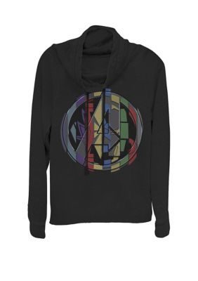 Marvel Women's Avengers Endgame Avenger Hero Symbol Colorful Mashup Cowl Neck Graphic Pullover, Black, XSmall