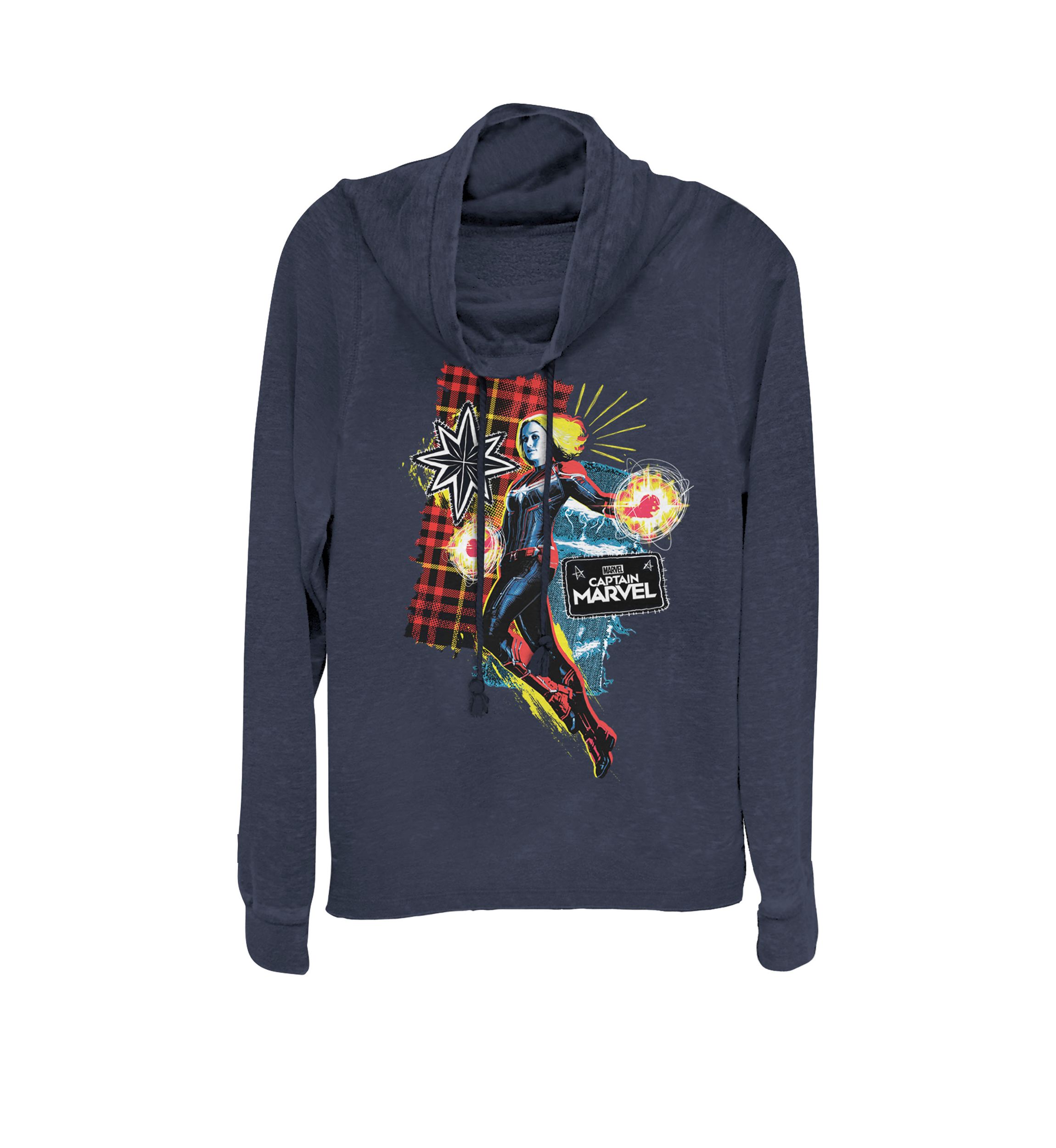 Captain Marvel™ Plaid Jean Patched Portrait Cowl Neck Graphic Pullover