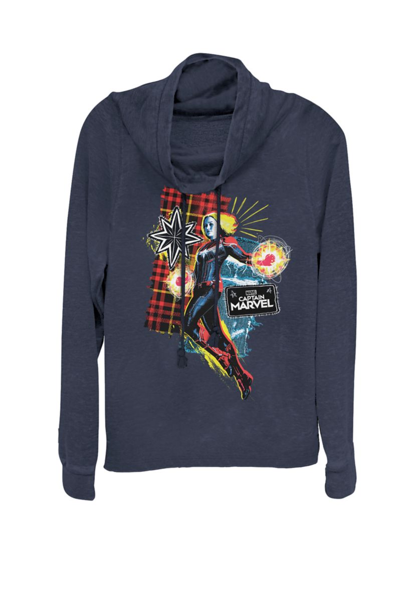 Captain Marvel™ Plaid Jean Patched Portrait Cowl Neck Graphic Pullover