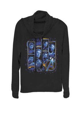 Marvel Women's Avengers Endgame Hero Name Logo Square Poster Cowl Neck Graphic Pullover, Black, XSmall