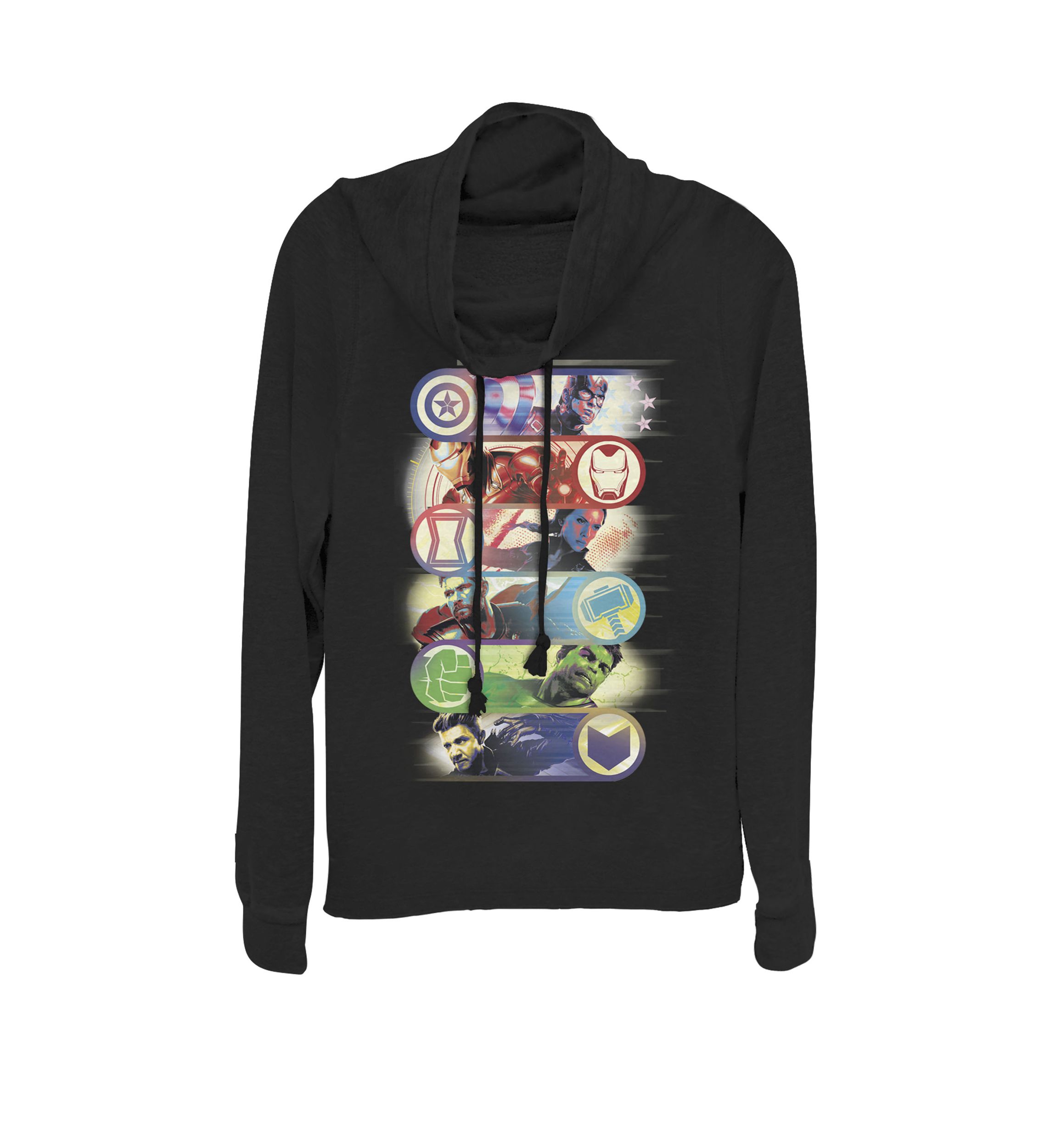 Avengers Endgame Hero Symbol Colorful Group Shot Poster Cowl Neck Graphic Pullover