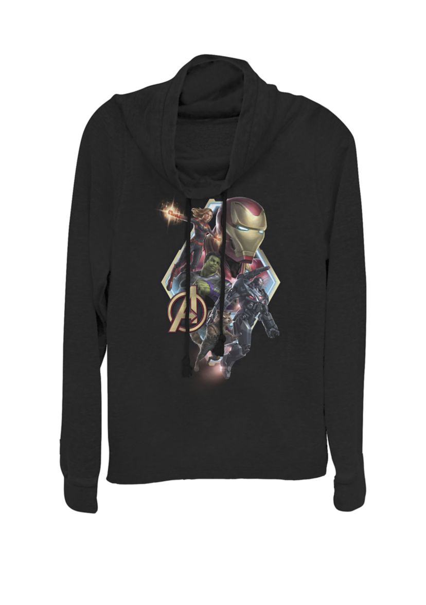Avengers Endgame Team Logo Diamond Group Action Pose Cowl Neck Graphic Pullover
