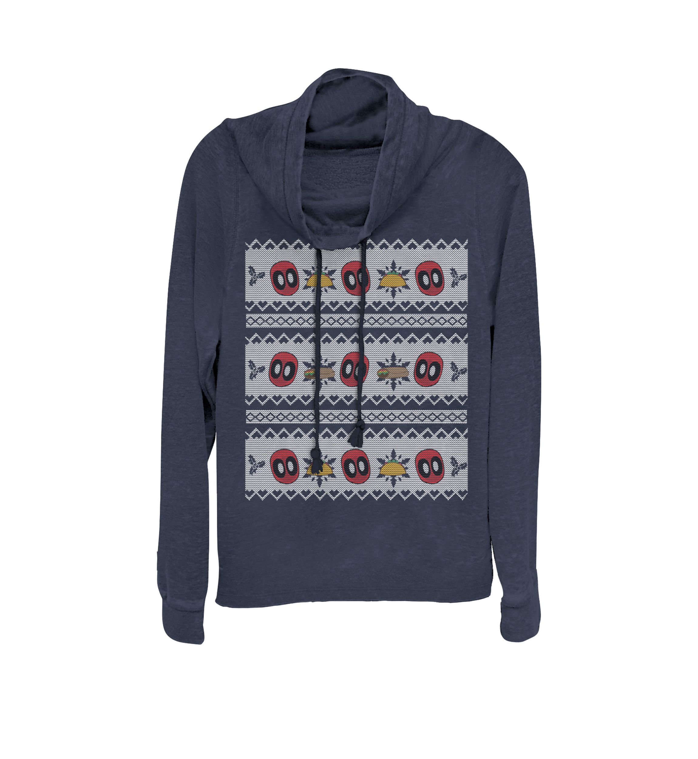 Deadpool Tacos Burritos Holiday Ugly Sweater Print Cowl Neck Graphic Pullover