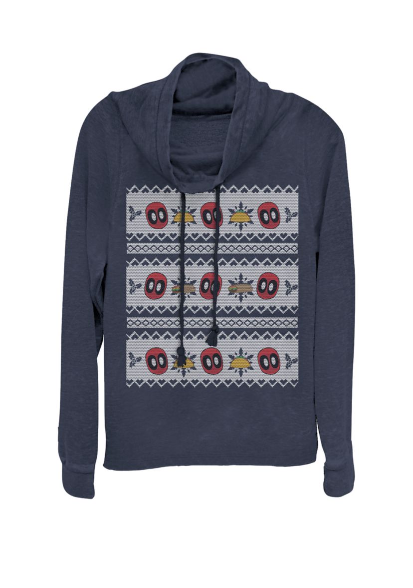 Deadpool Tacos Burritos Holiday Ugly Sweater Print Cowl Neck Graphic Pullover