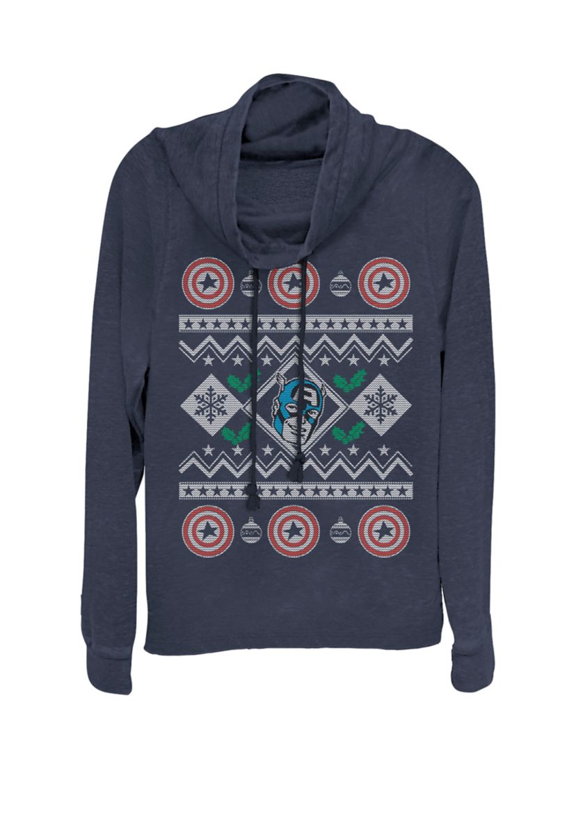 Christmas Captain America Ugly Sweater Print Cowl Neck Graphic Pullover