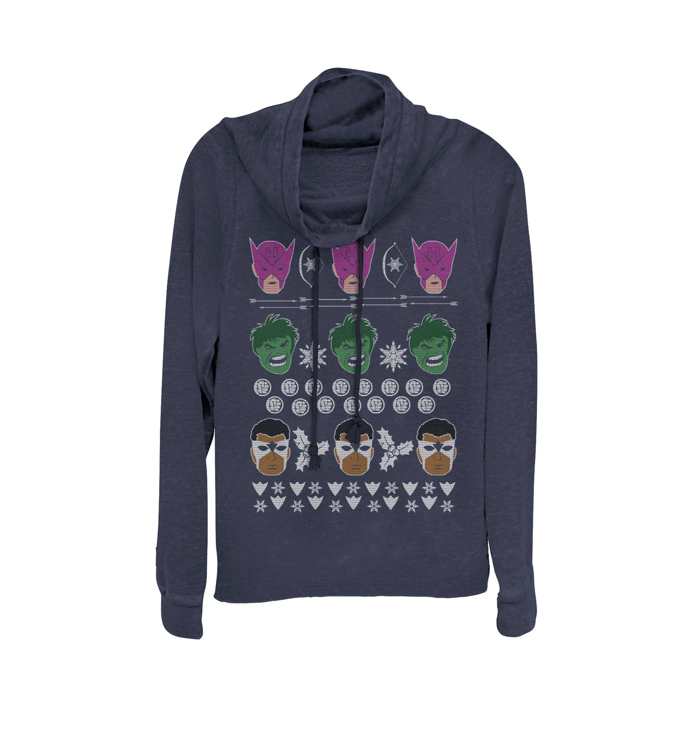 Avengers Cross Stitch Ugly Sweater Print Cowl Neck Graphic Pullover