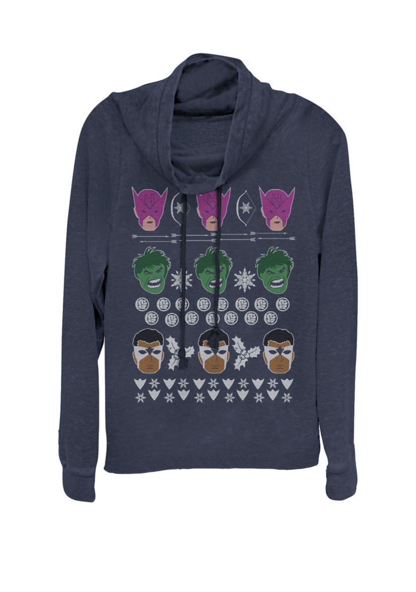 Avengers Cross Stitch Ugly Sweater Print Cowl Neck Graphic Pullover