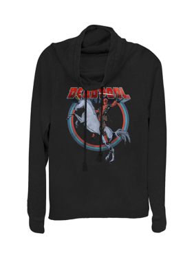Marvel Women's Deadpool Riding a Unicorn Circle Cowl Neck Graphic Pullover, Black, XSmall