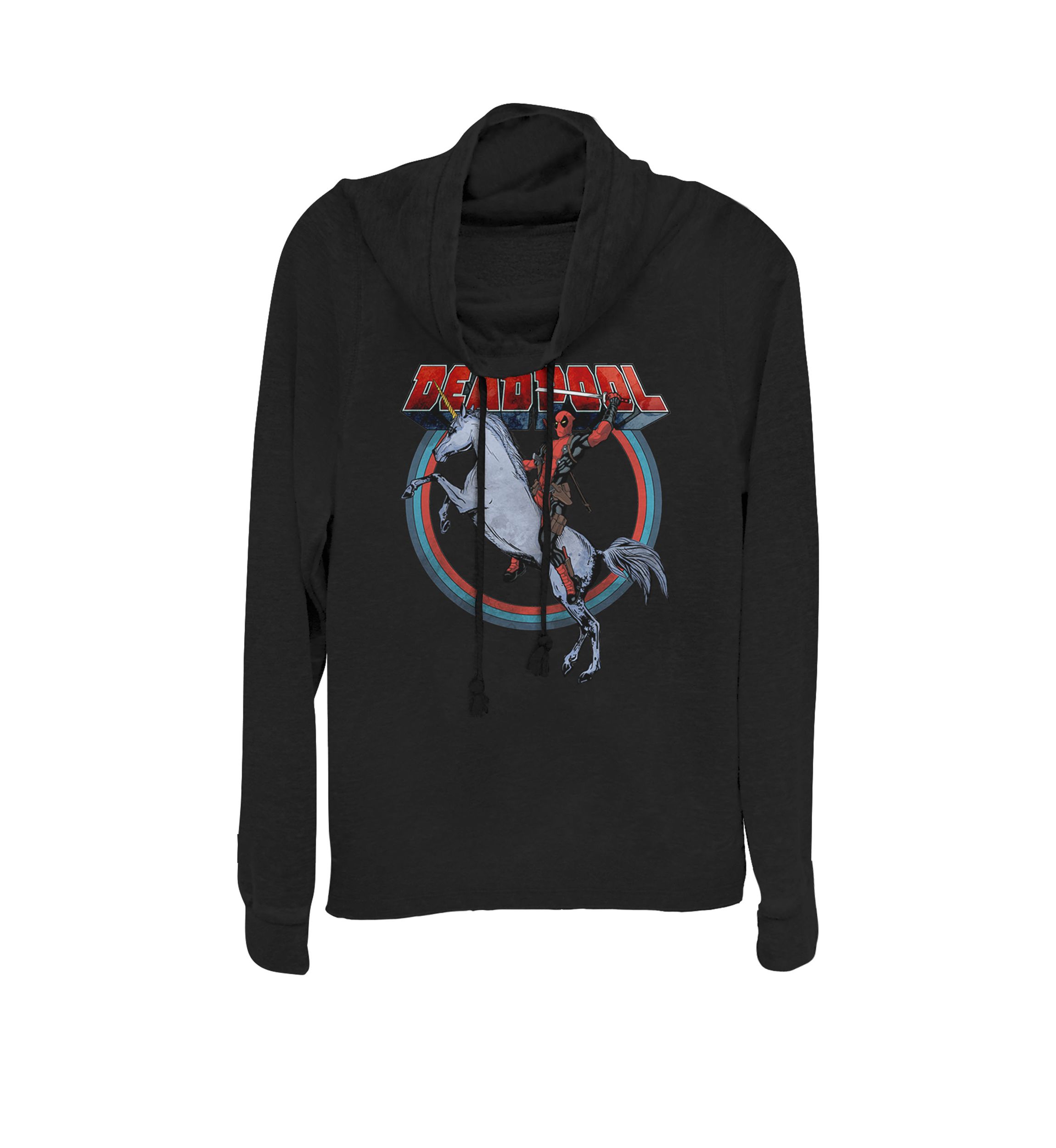 Deadpool Riding a Unicorn Circle Cowl Neck Graphic Pullover