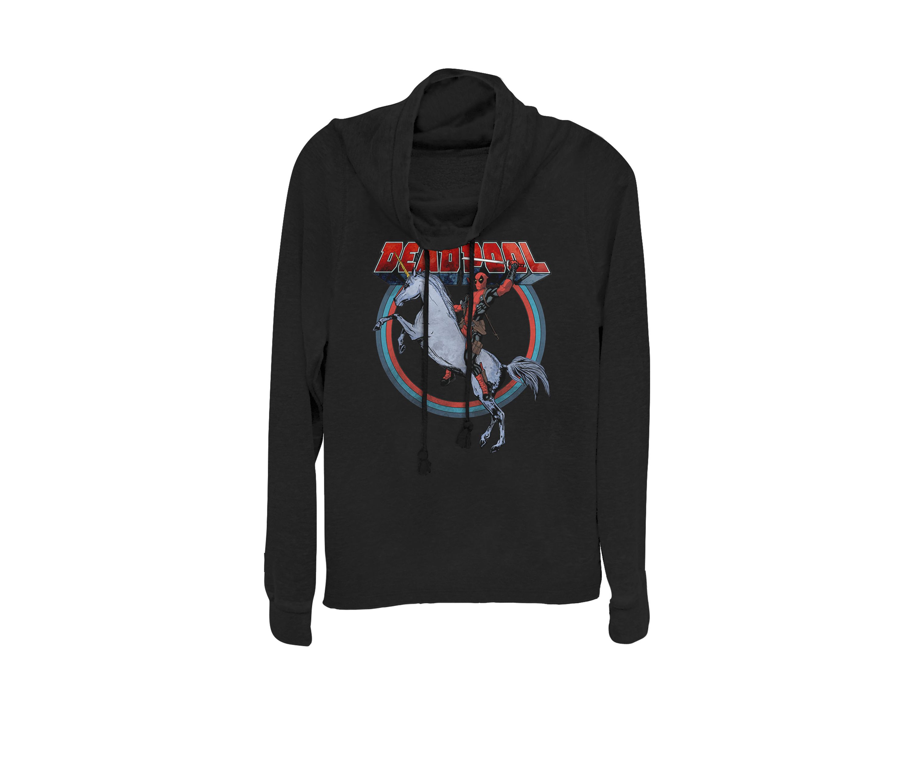 Deadpool Riding a Unicorn Circle Cowl Neck Graphic Pullover
