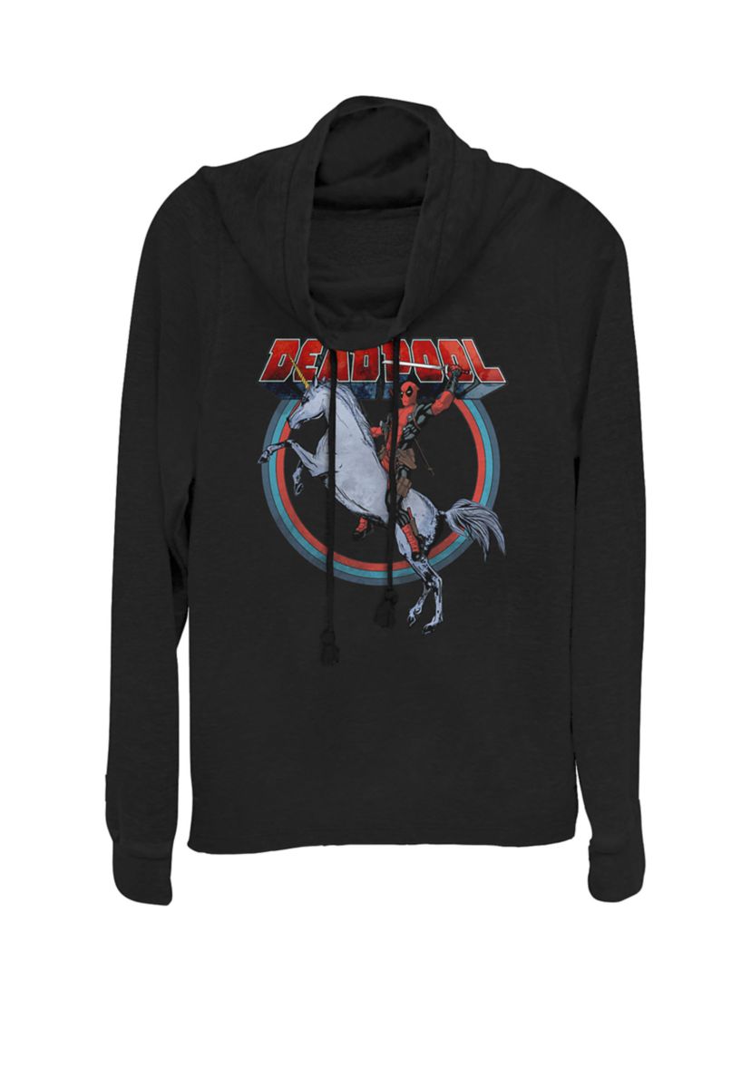 Deadpool Riding a Unicorn Circle Cowl Neck Graphic Pullover