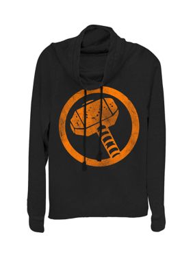 Marvel Women's Thor Hammer Logo Orange Tonal Cut Out Cowl Neck Graphic Pullover, Black, XSmall