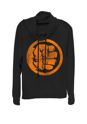 Marvel Women's Hulk Logo Orange Tonal Cut Out Halloween Cowl Neck Graphic Pullover, Black, XSmall