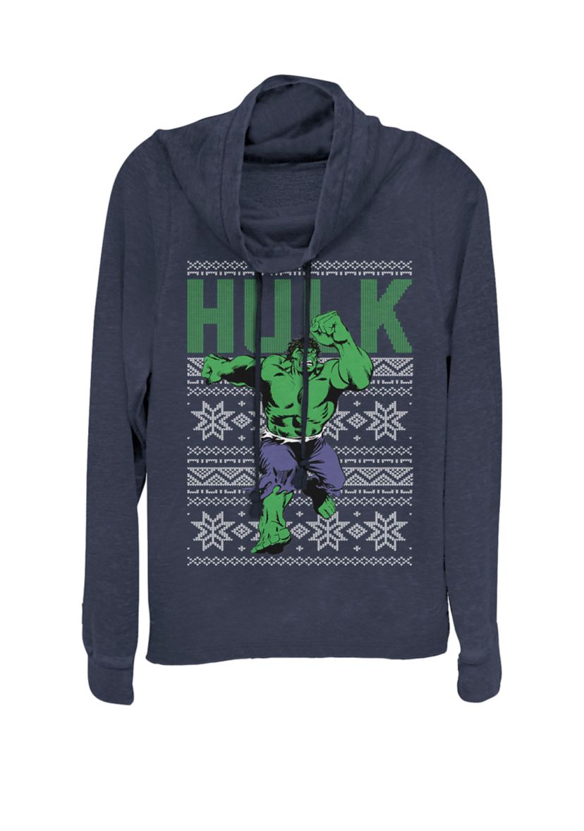 Hulk Holiday Ugly Sweater Print Cowl Neck Graphic Pullover